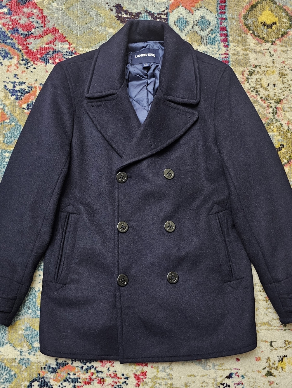 Lands End Coat Mens Medium 38-40 Blue Wool Pea Coat Button Front Lined Winter